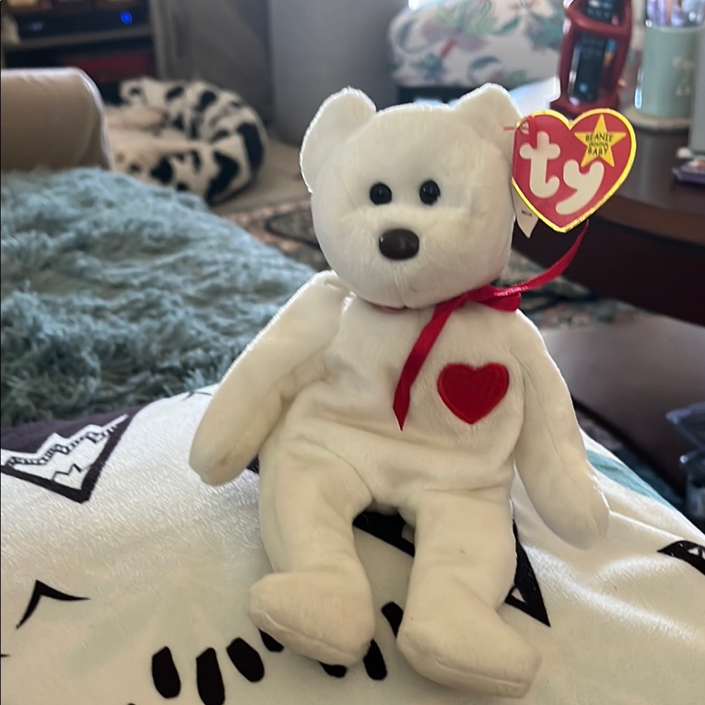 Vintage Ty Plush White Bear with Red Heart and Bow